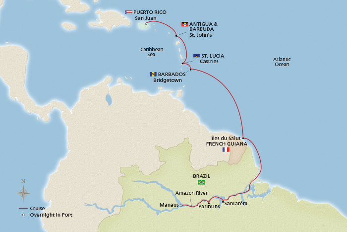 Amazon & Caribbean Adventure Itinerary Map